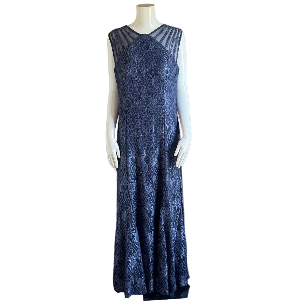 R&M Richards Navy Blue Lace Sequin Maxi Dress SIZE 16 Sleeveless Formal Evening